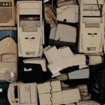 Dynamic Metal Recycling | A pile of old desktop computers, monitors, printers, and tangled cables stacked closely together.