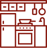 Dynamic Metal Recycling | Simple red line drawing of a kitchen with a refrigerator, stove, oven, sink, overhead cabinets, and two hanging utensils.