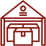 Dynamic Metal Recycling | Simple red line drawing of a warehouse with three stacked boxes inside, one box in the front and two behind, under a peaked roof.